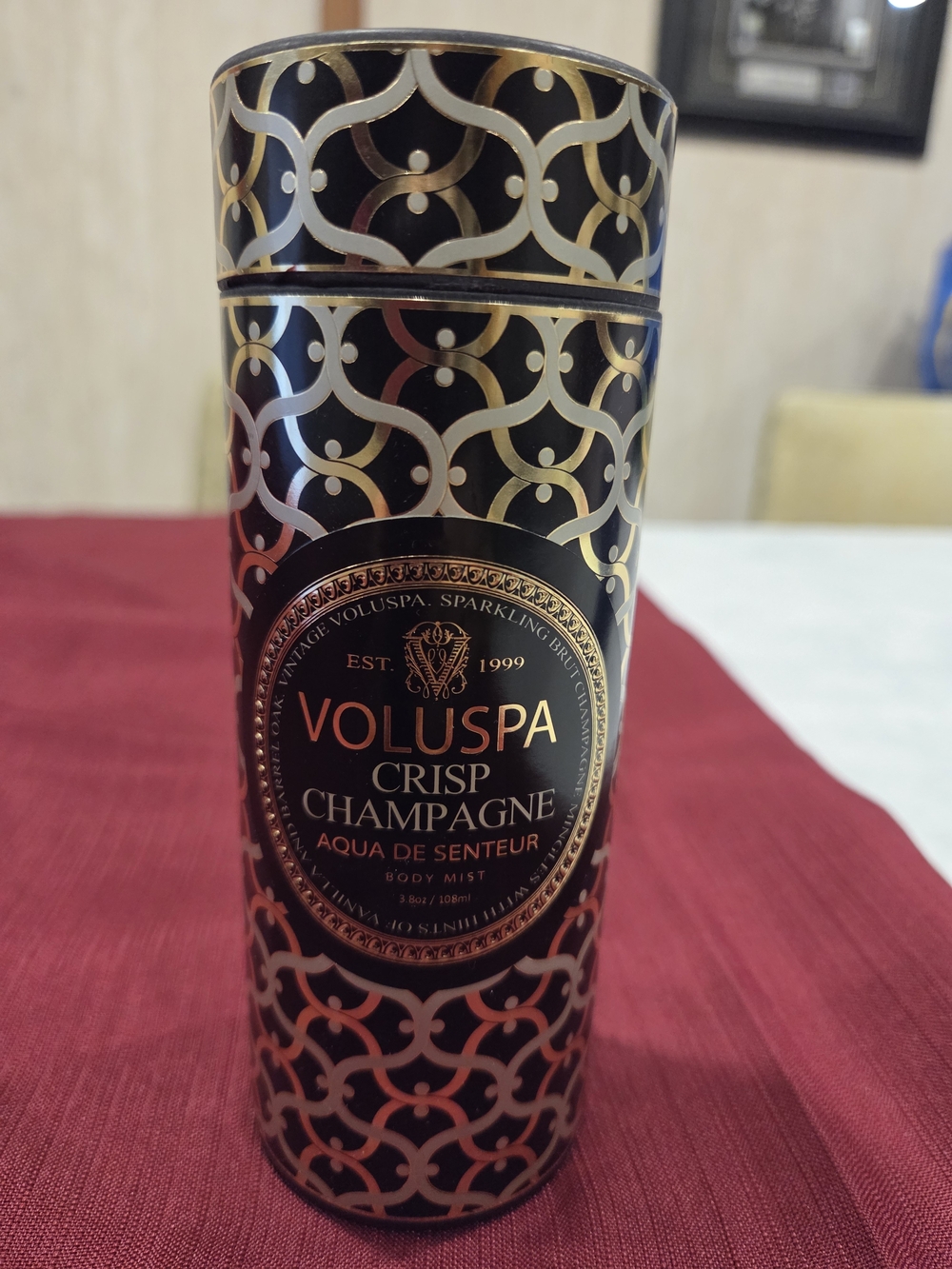 Voluspa Crisp Champagne Body Mist — Black & Gold Decorative Bottle